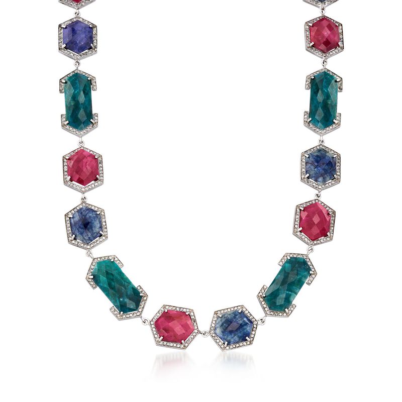 140.00 ct. t.w. Multicolored Corundum Necklace with 4.80 ct. t.w. White Zircon in Sterling Silver image number 0
