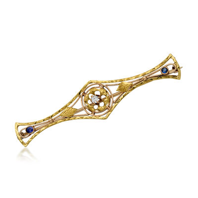 C. 1920 Vintage 14kt Yellow Gold Floral Pin with Single Diamond and Simulated Sapphires
