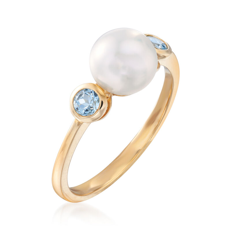 7-7.5mm Cultured Pearl and .20 ct. t.w. Blue Topaz Ring in 14kt Yellow Gold image number 2