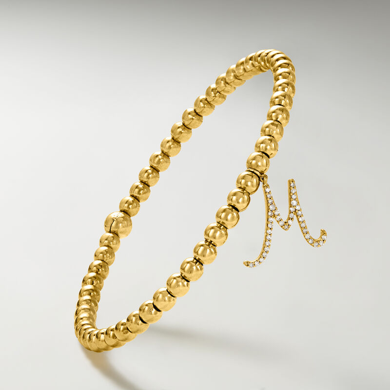 4mm 18kt Gold Over Sterling Bead Stretch Bracelet with .10 ct. t.w. Lab-Grown Diamond Initial Charm image number 3