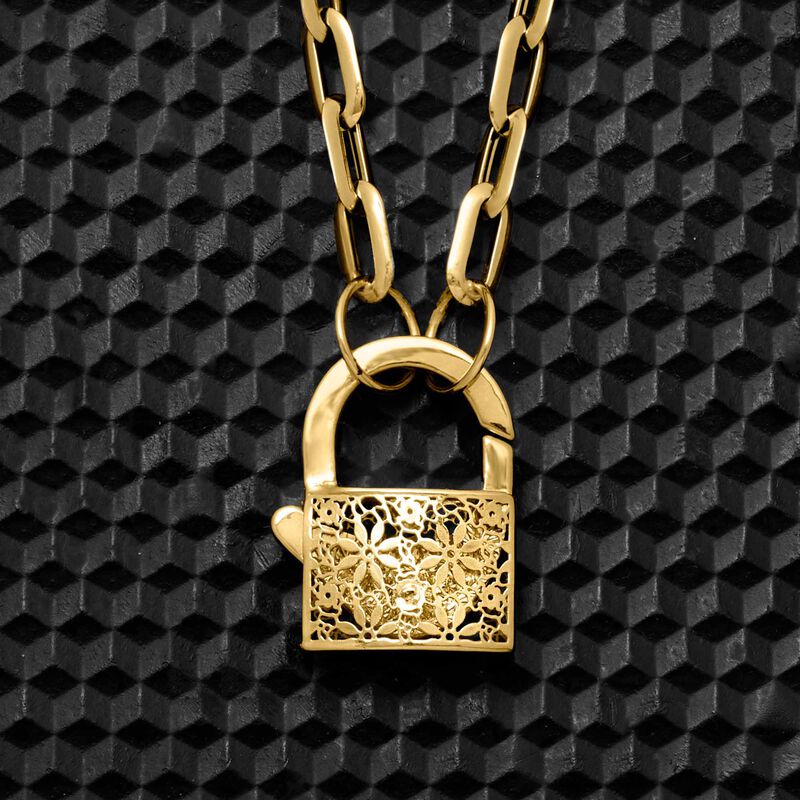 Italian 14kt Yellow Gold Floral Lock Paper Clip Link Necklace image number 3