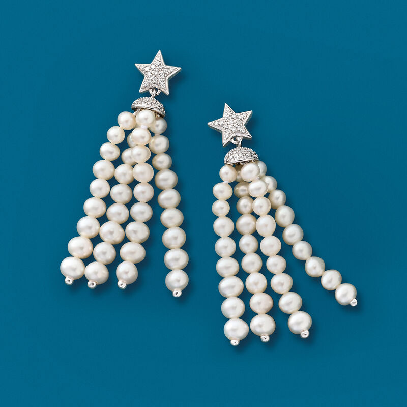 3-4.5mm Cultured Pearl Tassel and .15 ct. t.w. Diamond Star Drop Earrings in Sterling Silver image number 2