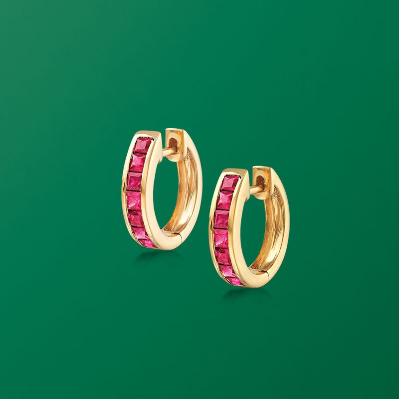 .80 ct. t.w. Ruby Huggie Hoop Earrings in 14kt Yellow Gold. 3/8&quot; image number 2