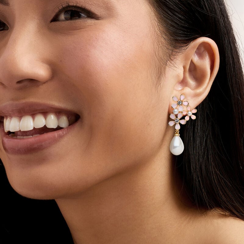 14kt Yellow Gold-Plated and Pink Enamel Flower Earrings with Simulated Gemstones and Pearls  image number 1