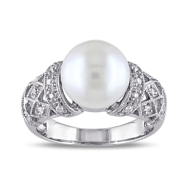 9-9.5mm Cultured Pearl Ring with Diamonds in Sterling Silver image number 0