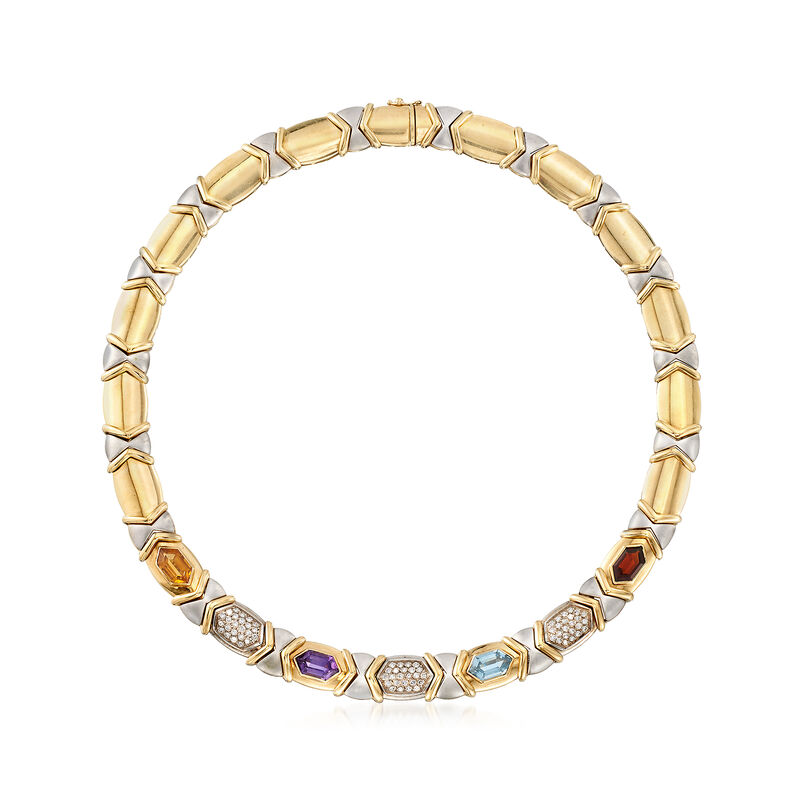 C. 1980 Vintage 9.50 ct. t.w. Multi-Stone and 1.00 ct. t.w. Diamond Necklace in 14kt Two-Tone Gold. 16&quot; image number 0