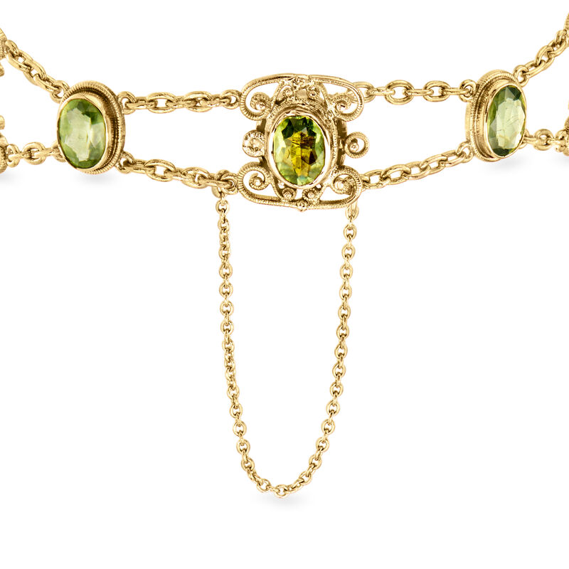 C. 1970 Vintage 5.25 ct. t.w. Peridot and 3mm Cultured Pearl Scroll Bracelet in 18kt Yellow Gold. 7.25&quot; image number 2