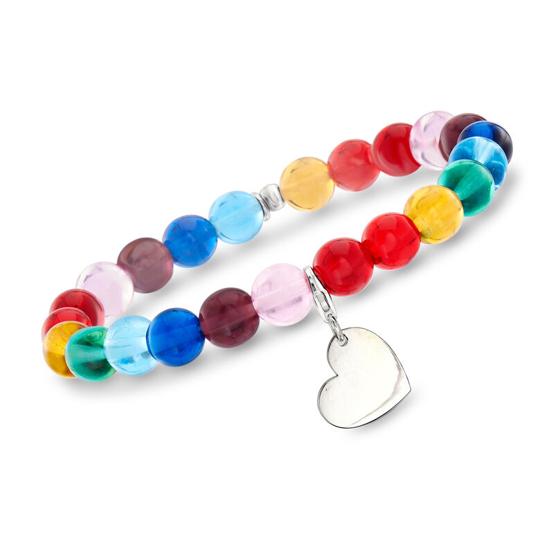 Italian Rainbow Murano Glass Bead Stretch Bracelet with Sterling Silver Heart Charm image number 0