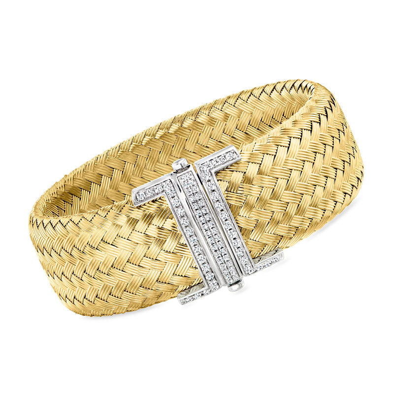 Charles Garnier &quot;Aurora&quot; 1.10 ct. t.w. CZ Wide Cuff Bracelet in 18kt Gold Over Sterling with Sterling Silver. 7&quot; image number 0