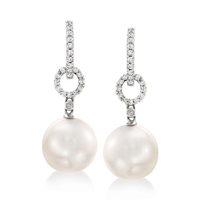 10-11mm Cultured South Sea Pearl and .29 ct. t.w. Diamond Hoop Drop Earrings in 18kt White Gold image number 0