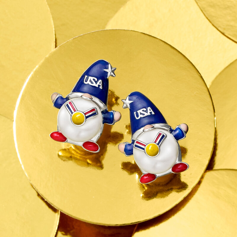 8-8.5mm Cultured Pearl and Multicolored Enamel USA Gnome Earrings in Sterling Silver  image number 2