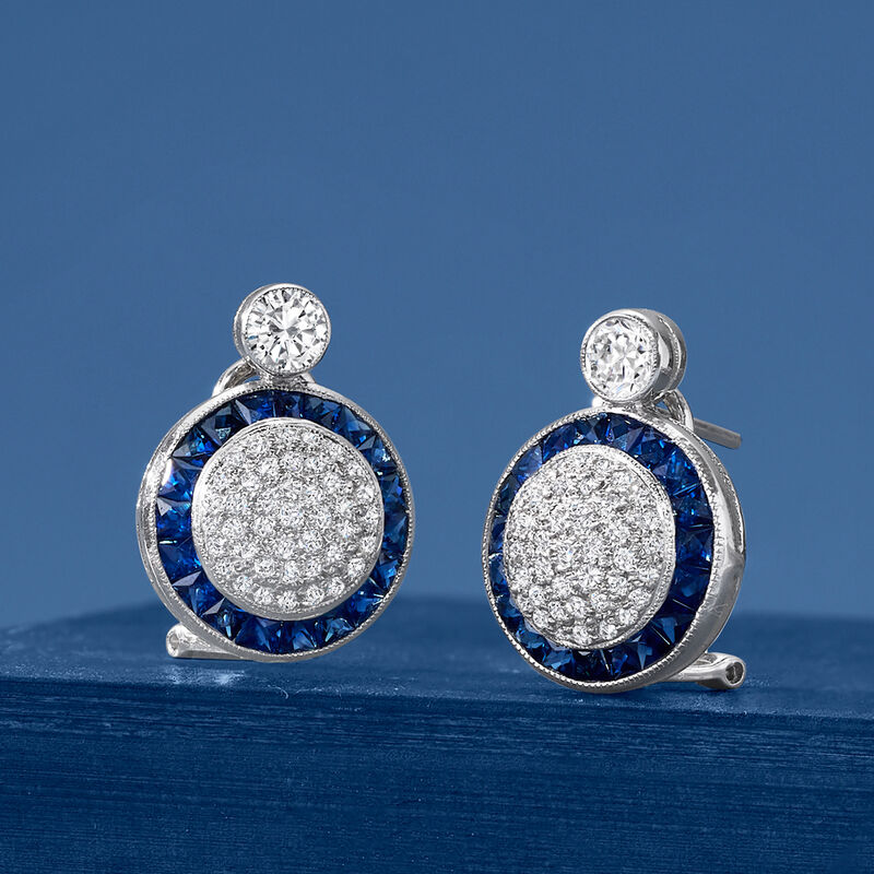 C. 1990 Vintage 2.70 ct. t.w. Sapphire and 1.45 ct. t.w. Pave Diamond Earrings in 18kt White Gold image number 3