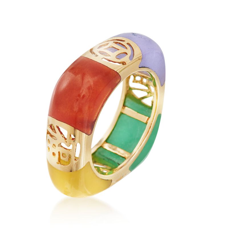 Multicolored Jade and Cutout Symbol Ring in 14kt Yellow Gold. Size 9 image number 2