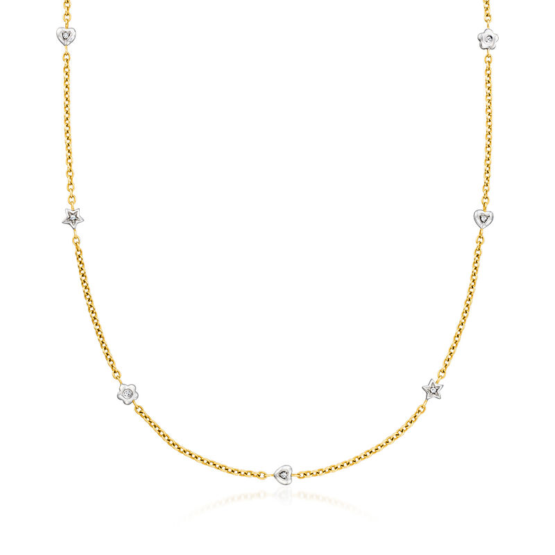 C. 1990 Vintage .10 ct. t.w. Diamond Star and Heart Station Necklace in 18kt Two-Tone Gold. 22" image number 0