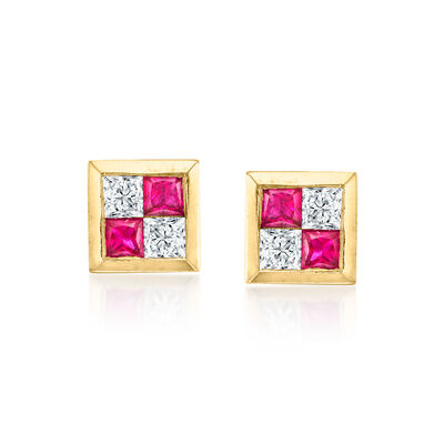 C. 1990 Vintage .60 ct. t.w. Ruby and .40 ct. t.w. Diamond Earrings in 14kt Yellow Gold