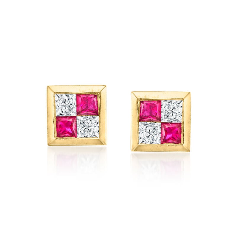 C. 1990 Vintage .60 ct. t.w. Ruby and .40 ct. t.w. Diamond Earrings in 14kt Yellow Gold  image number 0