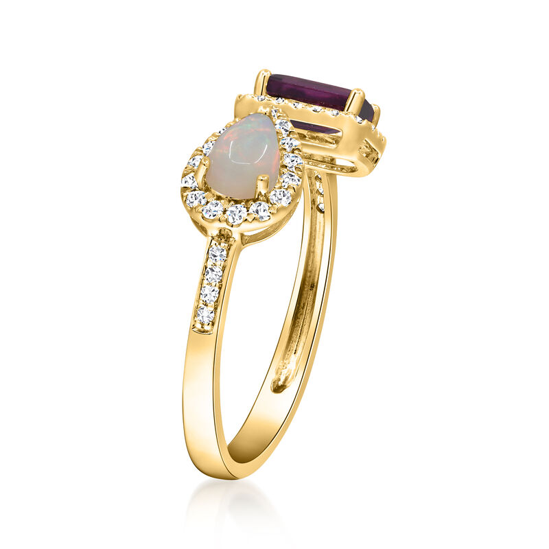 Opal and .70 Carat Rhodolite Garnet Toi et Moi Ring with .21 ct. t.w. Diamonds in 14kt Yellow Gold image number 1
