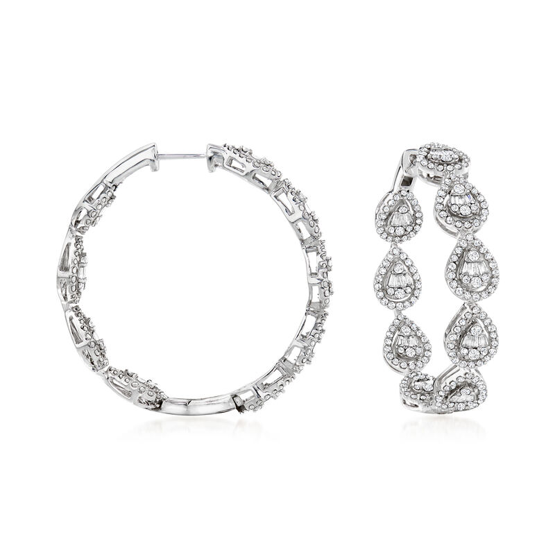2.25 ct. t.w. Baguette and Round Diamond Hoop Earrings in 14kt White Gold. 1 1/4&quot; image number 0