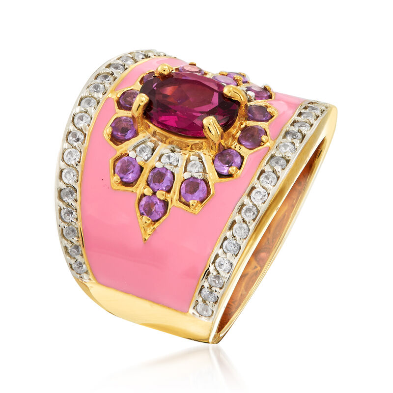 2.20 ct. t.w. Multi-Gemstone Flower Ring with Pink Enamel in 18kt Gold Over Sterling image number 2
