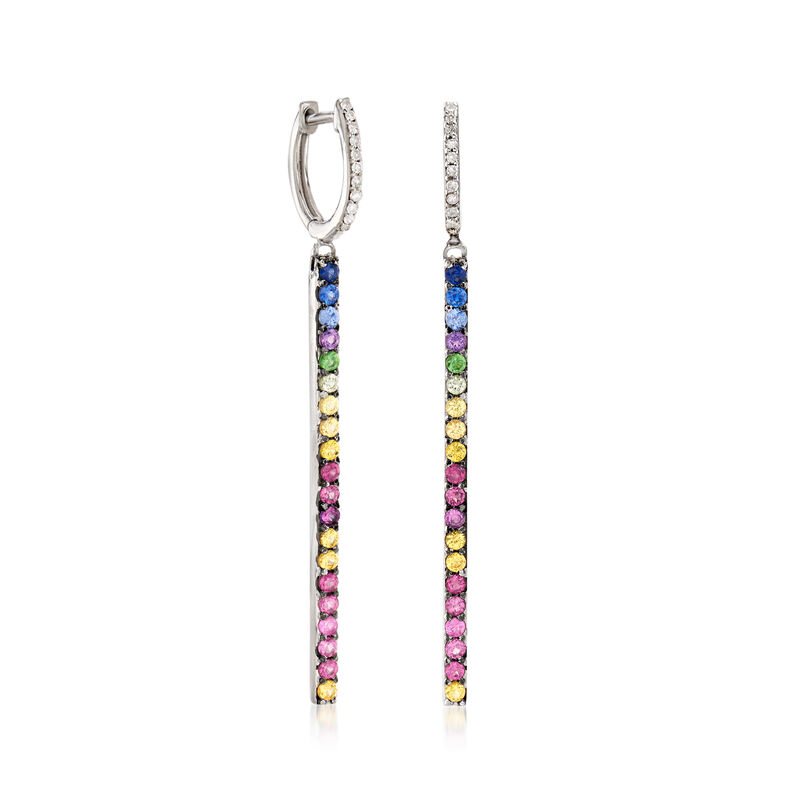 1.25 ct. t.w. Multi-Gemstone and .10 ct. t.w. Diamond Linear Drop Hoop Earrings image number 2