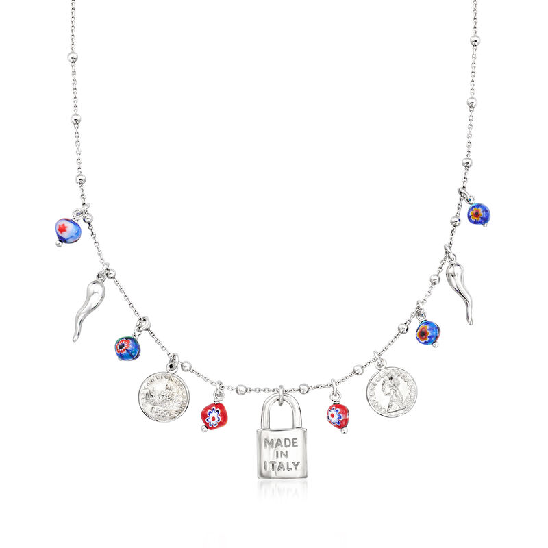 Sterling Silver Italian-Inspired Charm Necklace with Multicolored Murano Glass Beads. 18&quot; image number 1