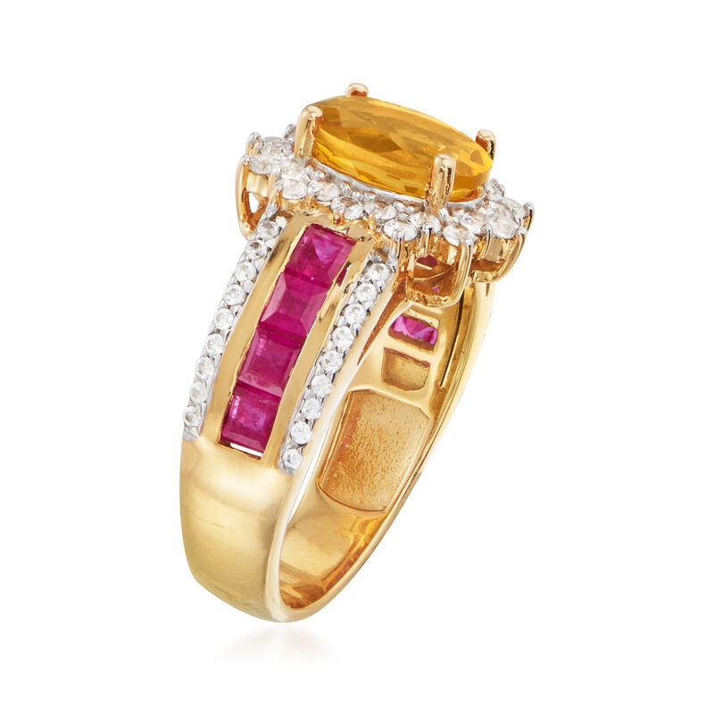 1.90 Carat Citrine, 1.00 ct. t.w. Ruby and .50 ct. t.w. White Zircon Ring in 18kt Gold Over Sterling image number 2