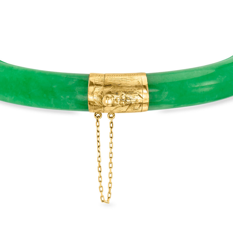 C. 1980 Vintage Carved Jade Bangle Bracelet with 14kt Yellow Gold. 8&quot; image number 2