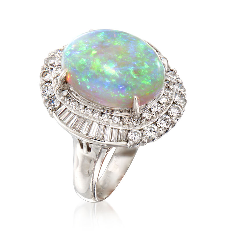 C. 1980 Vintage Opal and 1.65 ct. t.w. Diamond Ring in Platinum image number 2
