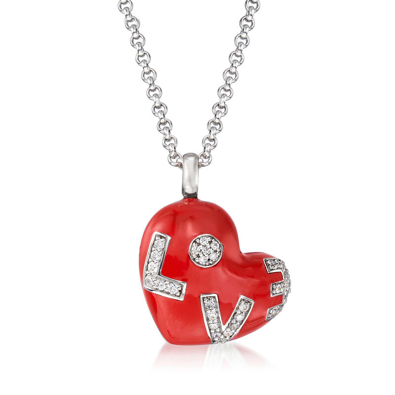 Belle Etoile &quot;Love&quot; Red Enamel and .47 ct. t.w. CZ Heart Pendant in Sterling Silver image number 0