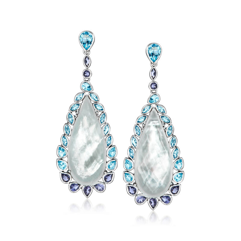 Mother-of-Pearl Doublet Drop Earrings with 5.80 ct. t.w. Swiss Blue Topaz and 1.60 ct. t.w. Iolites in Sterling Silver image number 0
