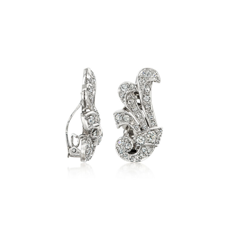 C. 1950 Vintage 1.35 ct. t.w. Diamond Fan-Style Clip-On Earrings in Platinum image number 2