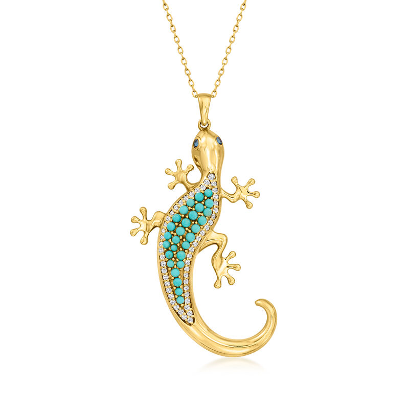 Turquoise and .90 ct. t.w. White Zircon Lizard Pendant Necklace with .10 ct. t.w. London Blue Topaz in 18kt Gold Over Sterling. 18&quot; image number 1