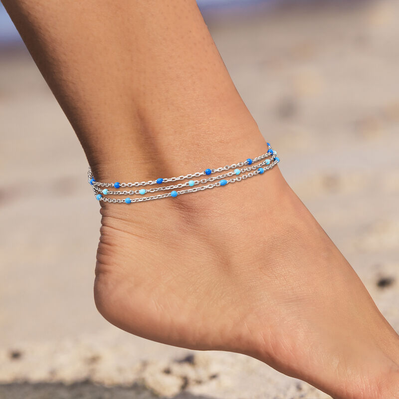 Italian Tonal Blue Enamel Bead Station Anklet in Sterling Silver. 9&quot; image number 2
