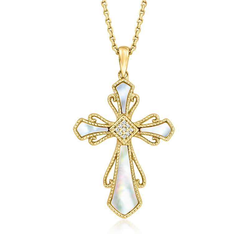 Mother-of-Pearl Cross Pendant Necklace with Diamonds in 18kt Gold Over Sterling. 18&quot; image number 1