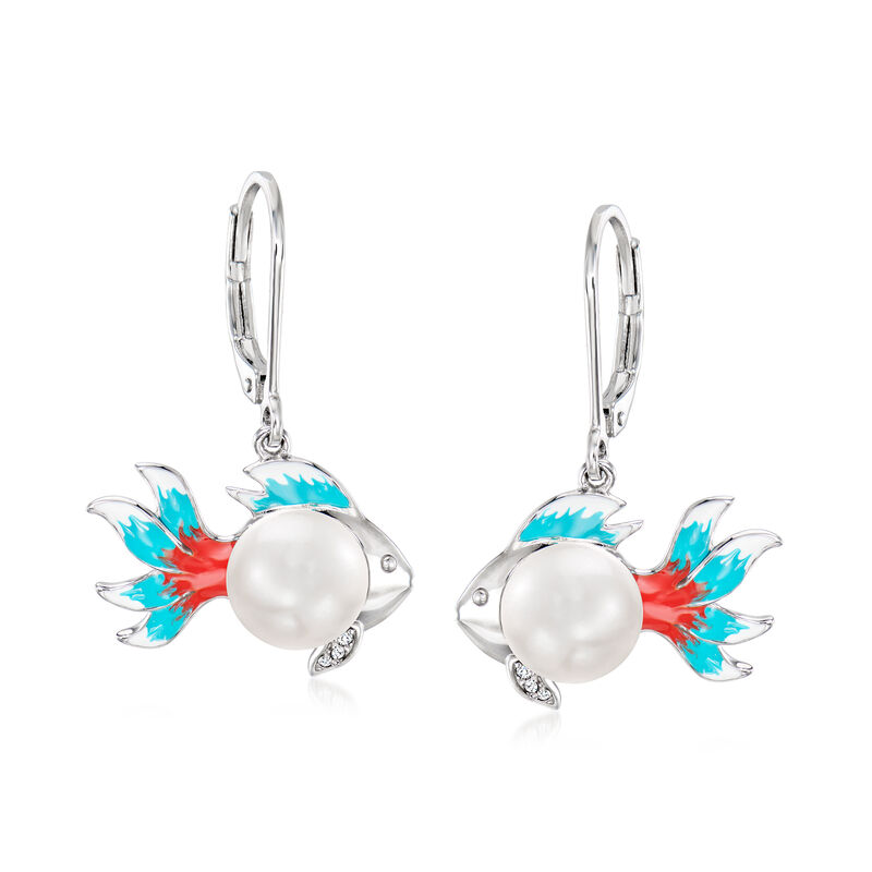 8-8.5mm Cultured Pearl and Multicolored Enamel Fish Drop Earrings with .10 ct. t.w. White Topaz in Sterling Silver image number 0