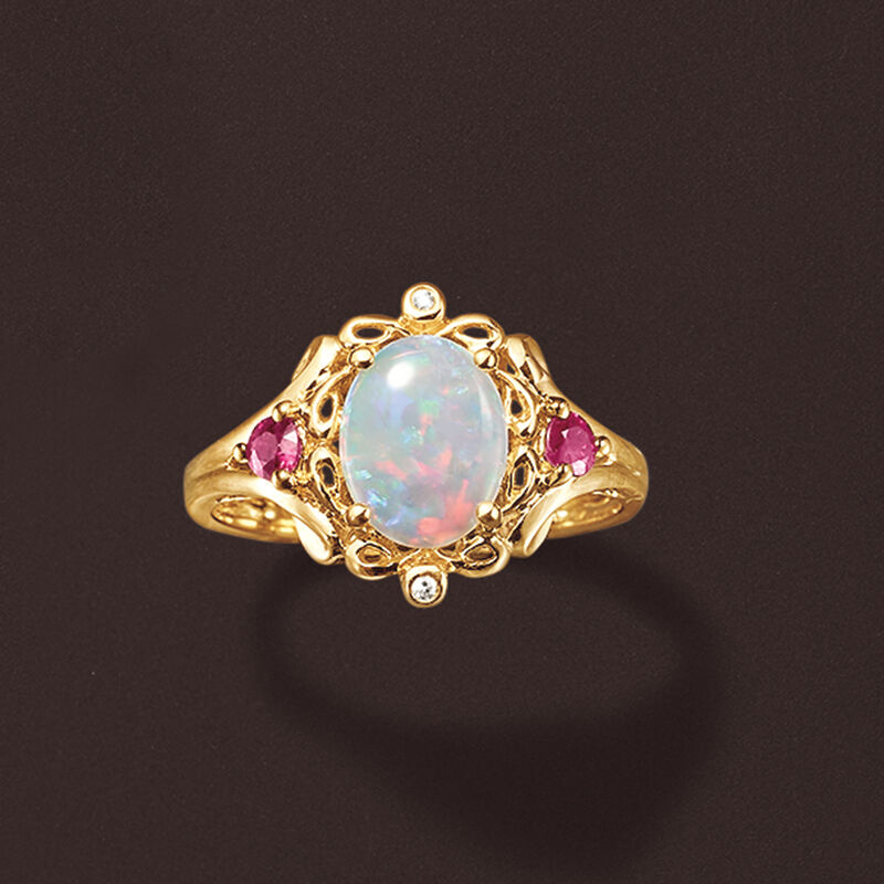 Opal and .20 ct. t.w. Ruby Ring with Diamond Accents in 14kt Yellow Gold image number 4