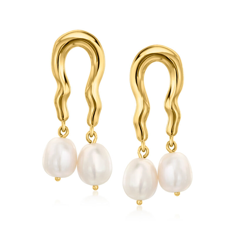 9-9.5mm Cultured Pearl Wavy Drop Earrings in 18kt Gold Over Sterling  image number 0