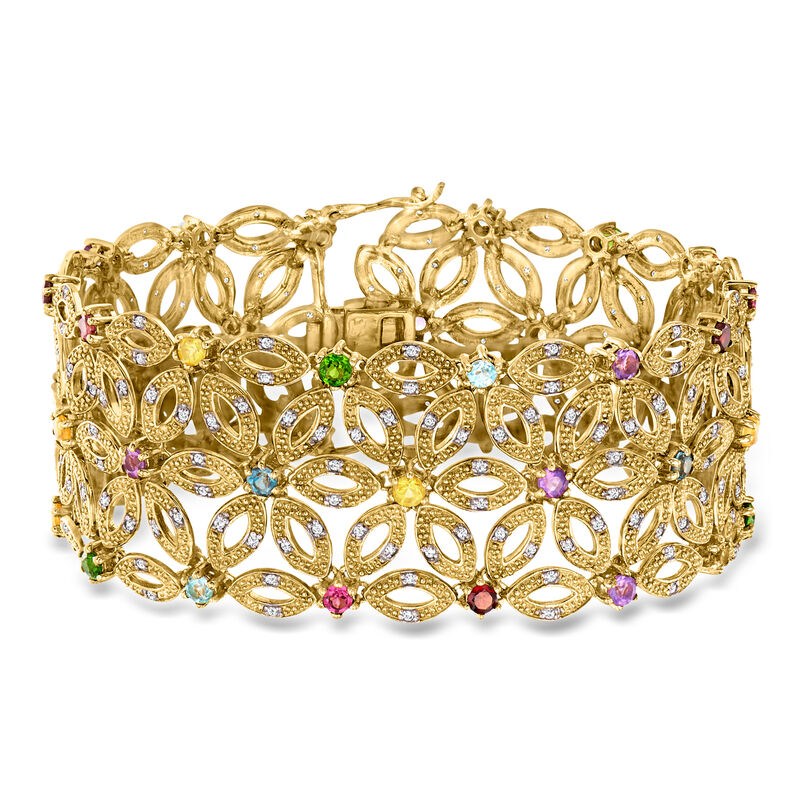 6.60 ct. t.w. Multi-Gemstone Floral-Pattern Bracelet in 18kt Gold Over Sterling. 7.5" image number 0