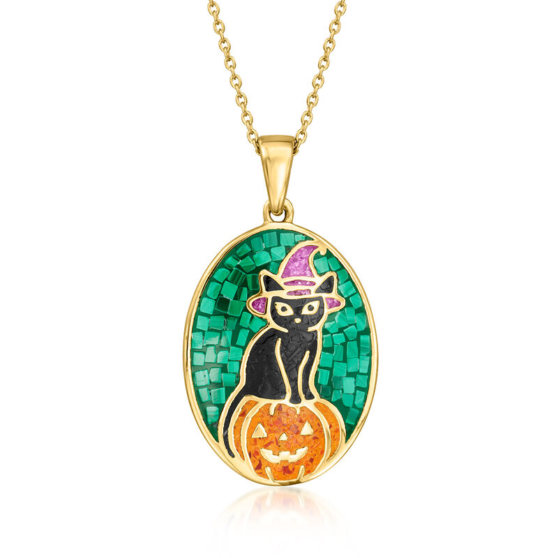 Malachite, Onyx, Carnelian and 1.00 ct. t.w. Amethyst Halloween Cat Mosaic Inlay Pendant Necklace in 18kt Gold Over Sterling. 18&quot; image number 0