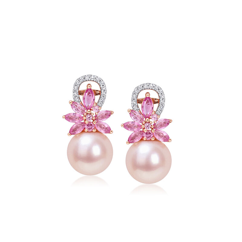 9-9.5mm Pink Cultured Pearl and 1.89 ct. t.w. Pink Sapphire Earrings with .13 ct. t.w. Diamonds in 14kt Rose Gold image number 0