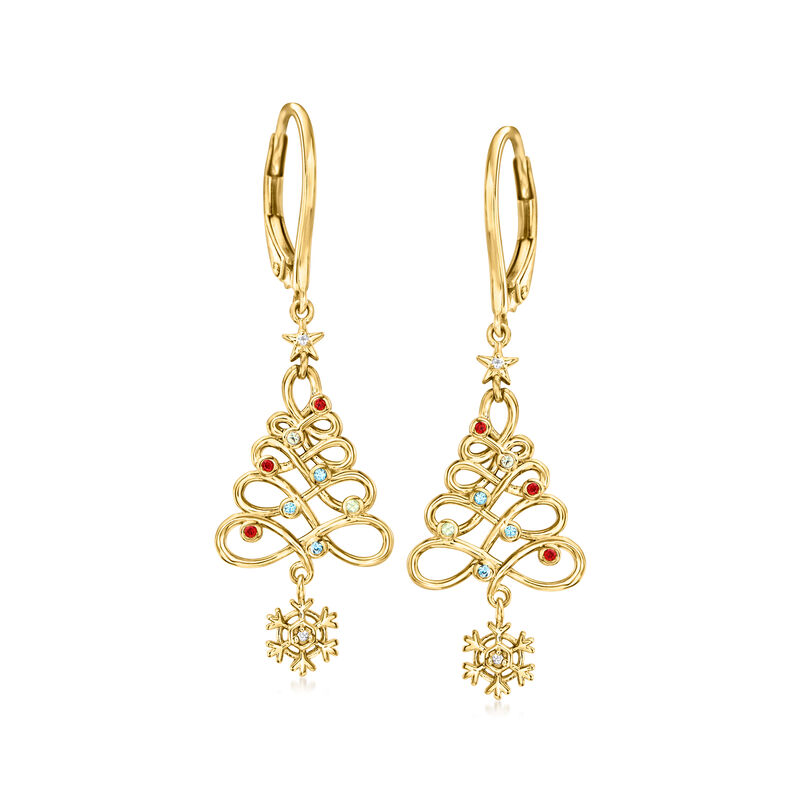 18kt Gold Over Sterling Christmas Tree Snowflake Drop Earrings with Gemstone Accents  image number 0
