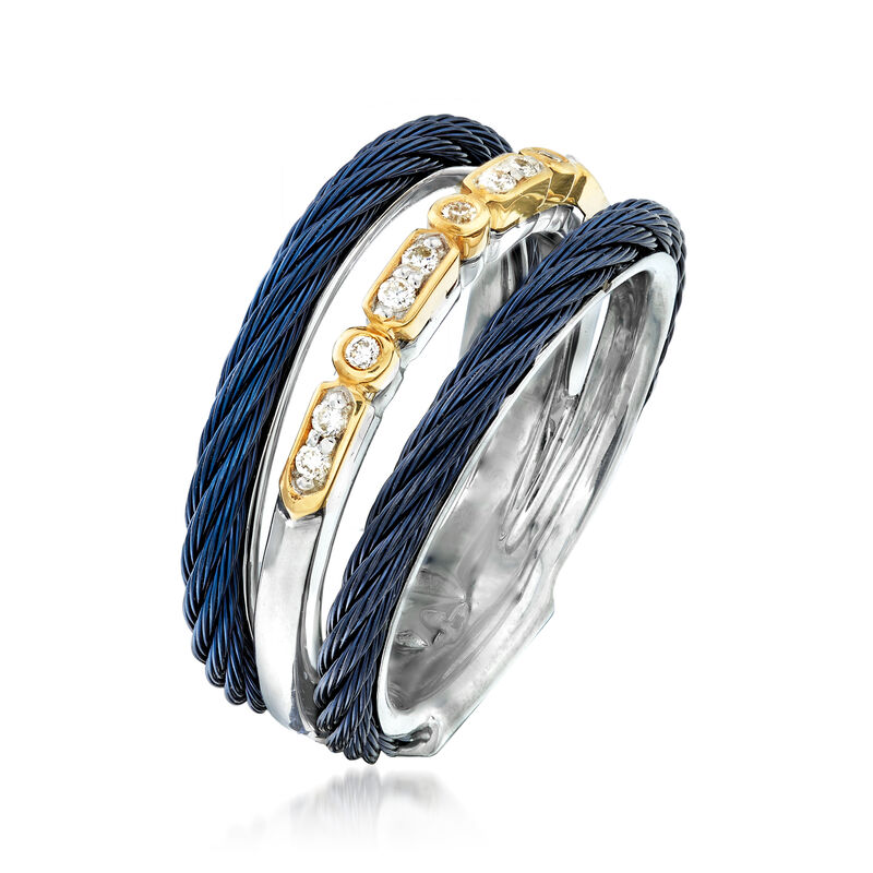 ALOR &quot;Classique&quot; Multi-Row Blue Stainless Steel Ring with Diamond Accents and 18kt Yellow Gold. Size 7 image number 2