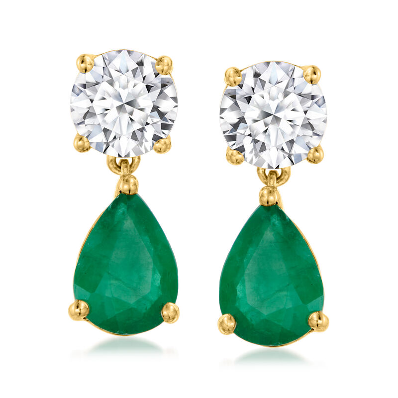 1.20 ct. t.w. Pear-Shaped Emerald and 1.00 ct. t.w. Round Lab-Grown Diamond Drop Earrings in 14kt Yellow Gold  image number 0