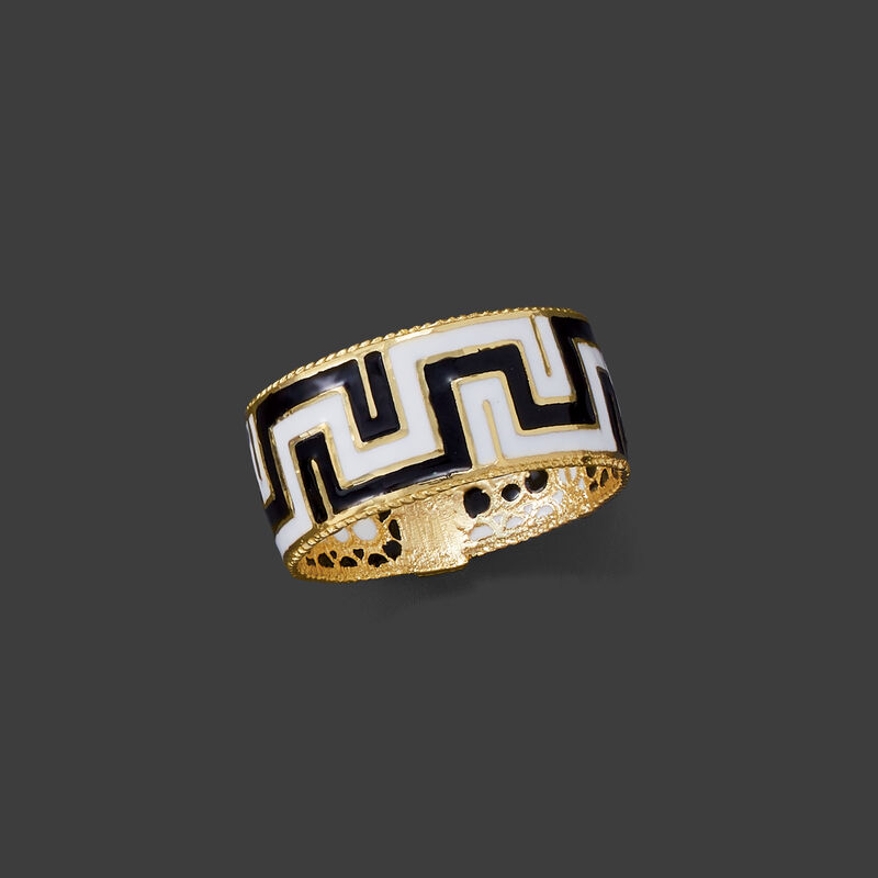 Italian Black and White Enamel Greek Key Ring in 14kt Yellow Gold image number 3