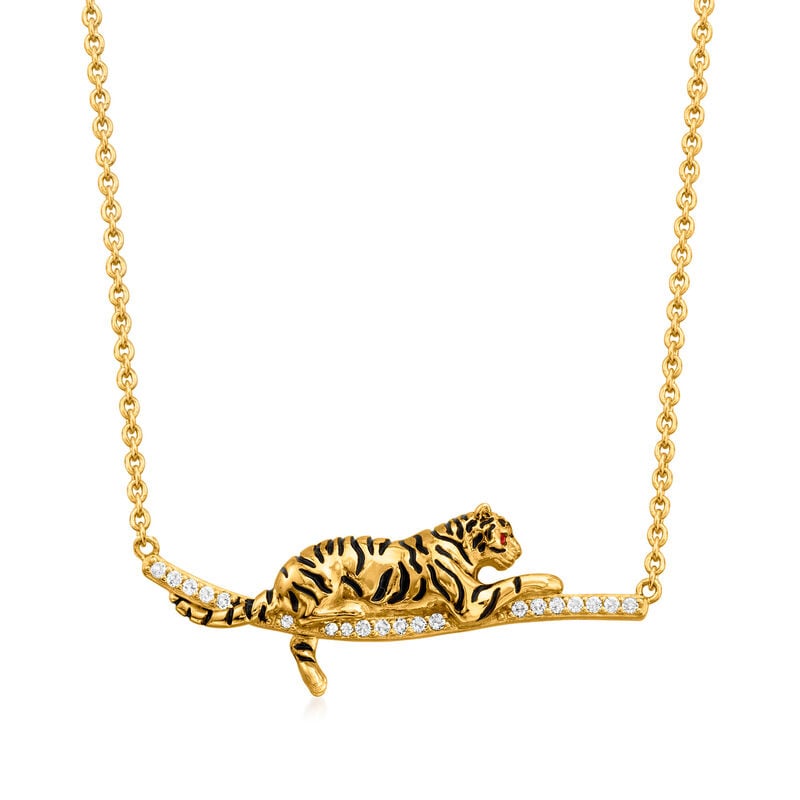 .10 ct. t.w. White Topaz and Black Enamel Tiger Bar Necklace with Rubies in 18kt Gold Over Sterling. 18" image number 1