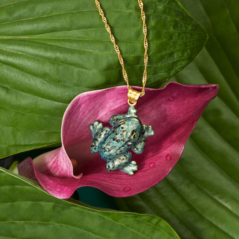 Italian Green Enamel Frog Pendant Necklace in 18kt Gold Over Sterling  image number 3