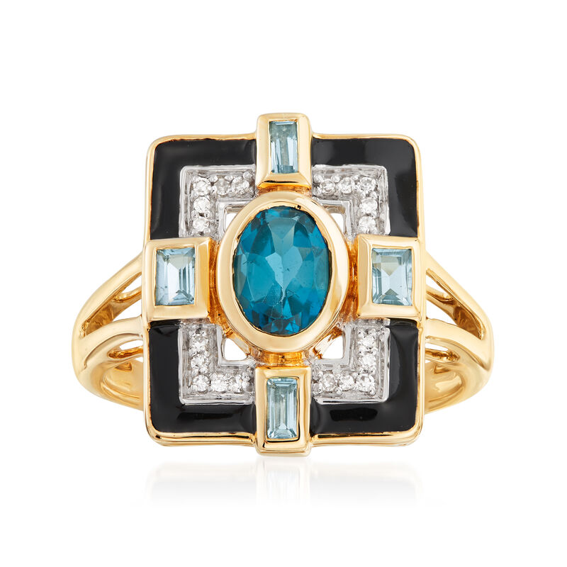 1.20 ct. t.w. London and Sky Blue Topaz and Black Enamel Ring with Diamond Accents in 14kt Yellow Gold image number 0
