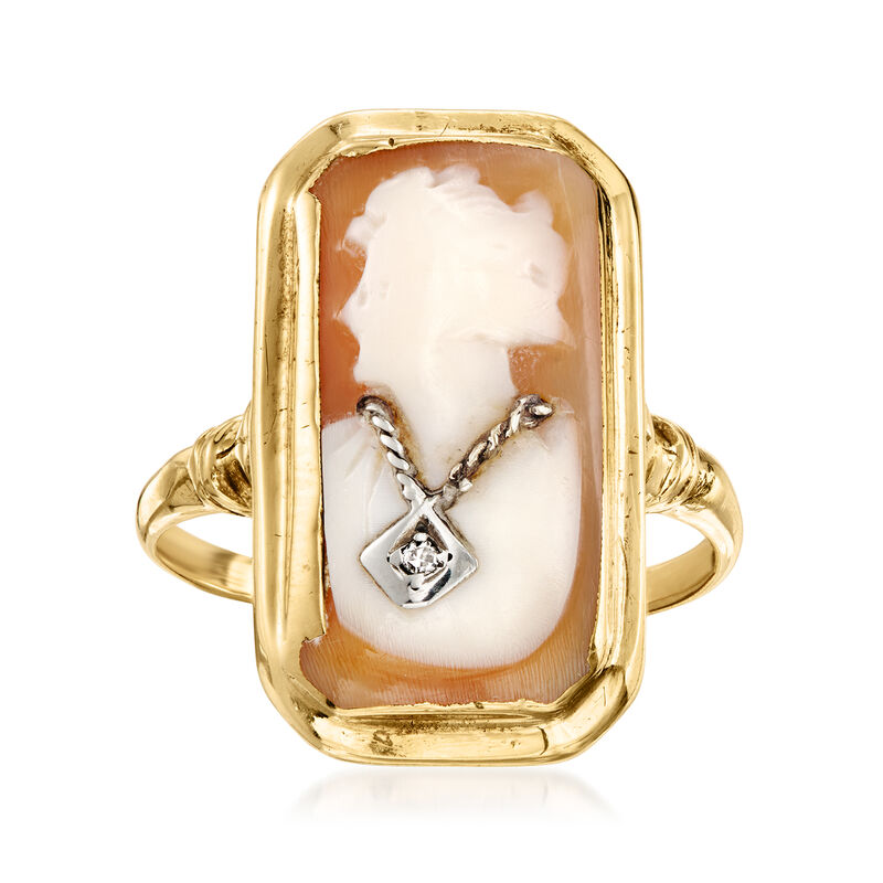 C. 1940 Vintage Brown Shell Cameo Ring with Single Diamond in 10kt Yellow Gold. Size 7 image number 0