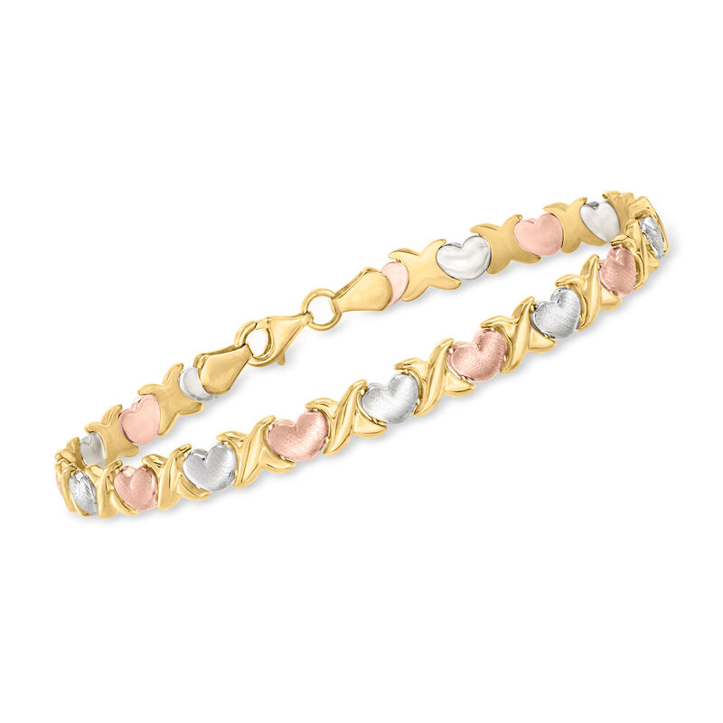 14kt Tri-Colored Gold Heart Stampato Bracelet. 7.25&quot; image number 0