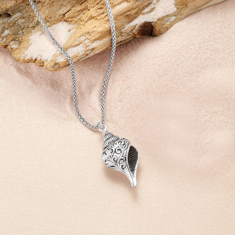 Sterling Silver Scrollwork Seashell Pendant Necklace. 18&quot; image number 3